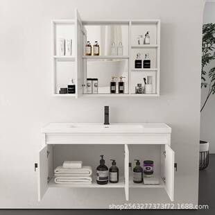 太空铝浴室柜洗手脸柜黑色白色一体陶瓷盆36宽吊柜美妆智能铝吊柜