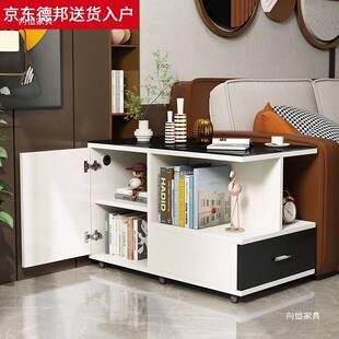 客厅移动沙发边柜储物柜边几可移动轻奢钢化玻璃小茶几带轮小茶桌