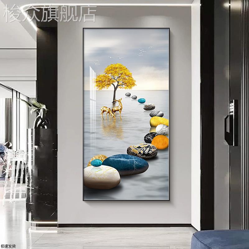 石来运转入户玄关画大气竖版走廊挂画轻奢现代高档壁画晶瓷镶钻