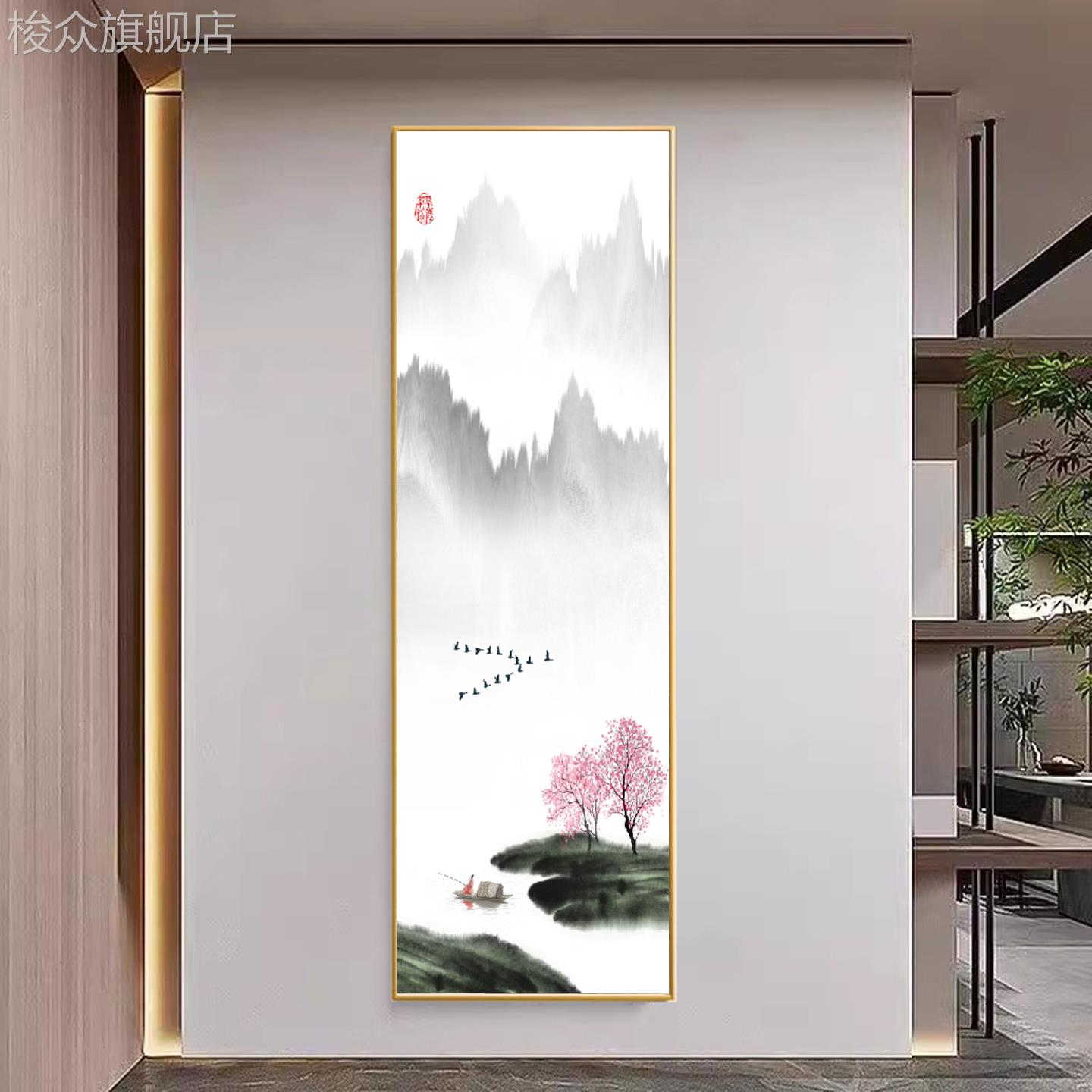 新中式水墨山水画 画玄关客厅窄细长条挂画 画细柱墙江南水乡禅意