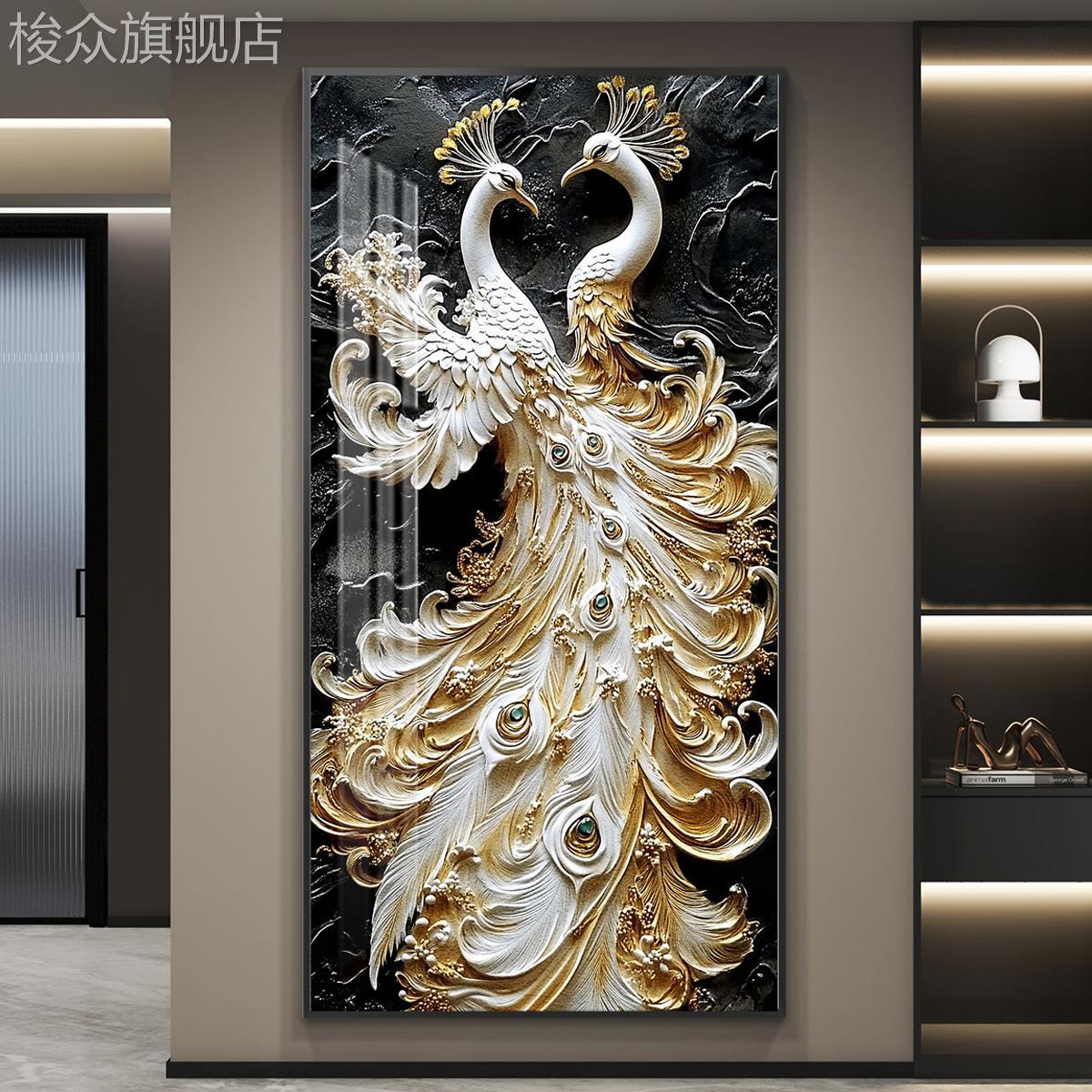孔雀轻奢led带灯入户玄关装饰画走廊过道挂画壁画简约现代高级感图片