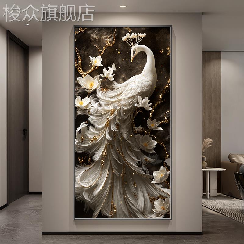 高级感孔雀玄关装饰画竖版寓意好入户正对门挂画走廊尽头过道壁画图片