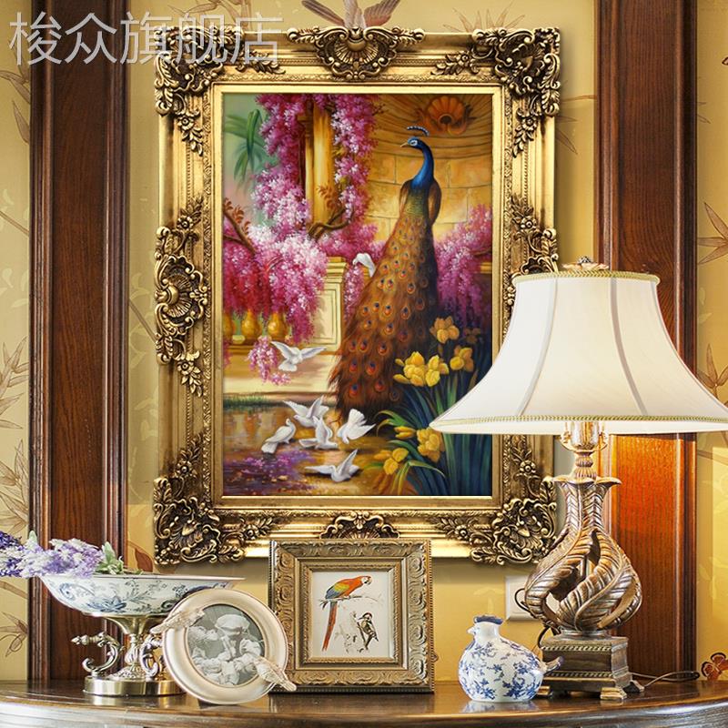 欧式油画玄关挂画新古典美式轻奢走廊尽头装饰画竖版孔雀高端实木图片