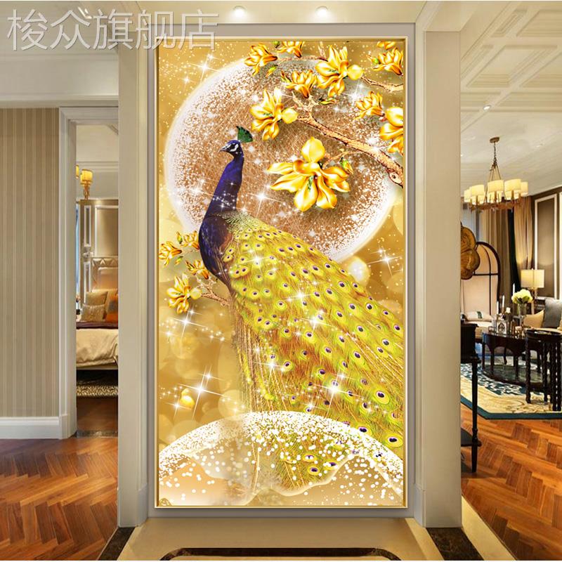 孔雀入户玄关装饰画轻奢现代高档正对门招财挂画进门走廊过道壁画图片