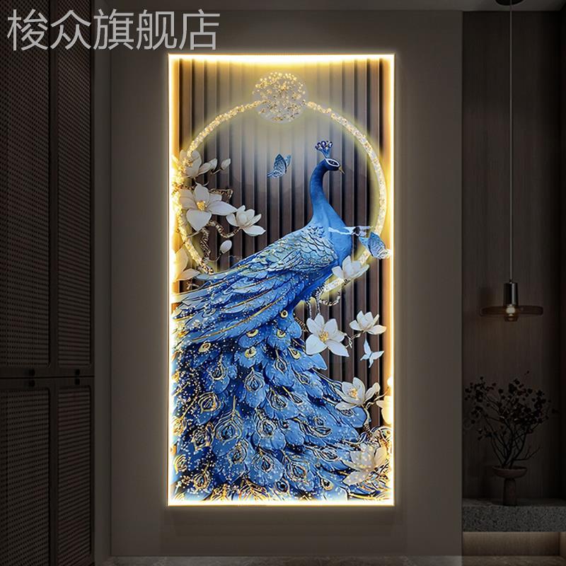 晶瓷镶钻装饰画 画客厅孔雀玄关过道走廊挂画 画新中式高档壁画图片