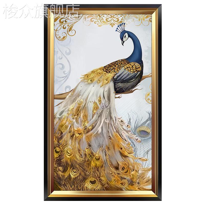 孔雀玄关装饰画竖版欧式客厅过道走廊挂画大墙面美式轻奢高档壁画图片