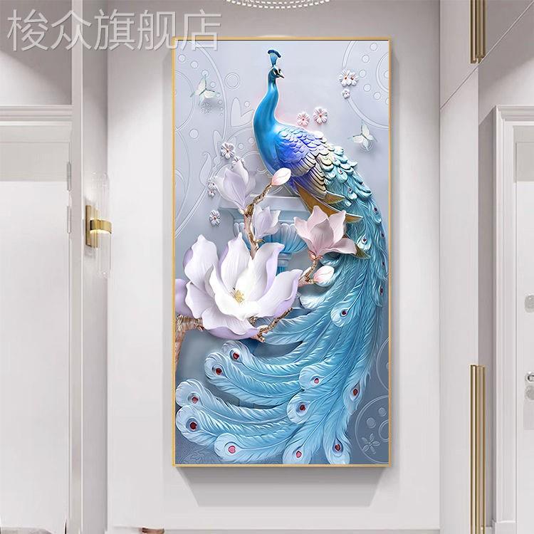 孔雀入户玄关装饰画走廊过道尽头挂画现代轻奢客厅寓意好led灯画图片