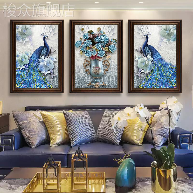 美式餐厅装饰画欧式客厅沙发背景墙挂画富贵孔雀卧室主卧床头壁画图片