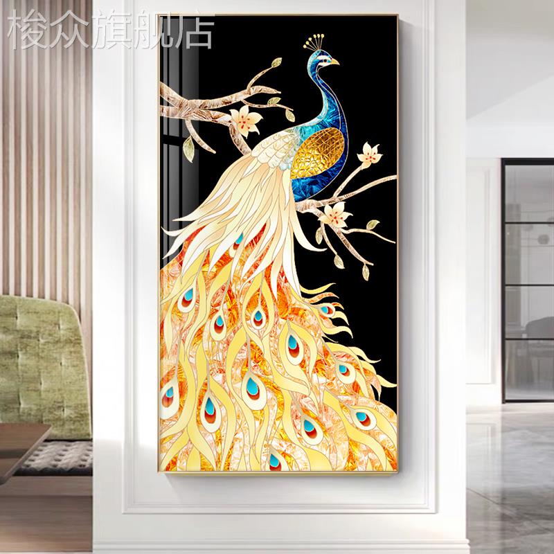 珐琅彩孔雀装饰画轻奢入户进门玄关挂画走廊竖版简欧美式走道壁画图片