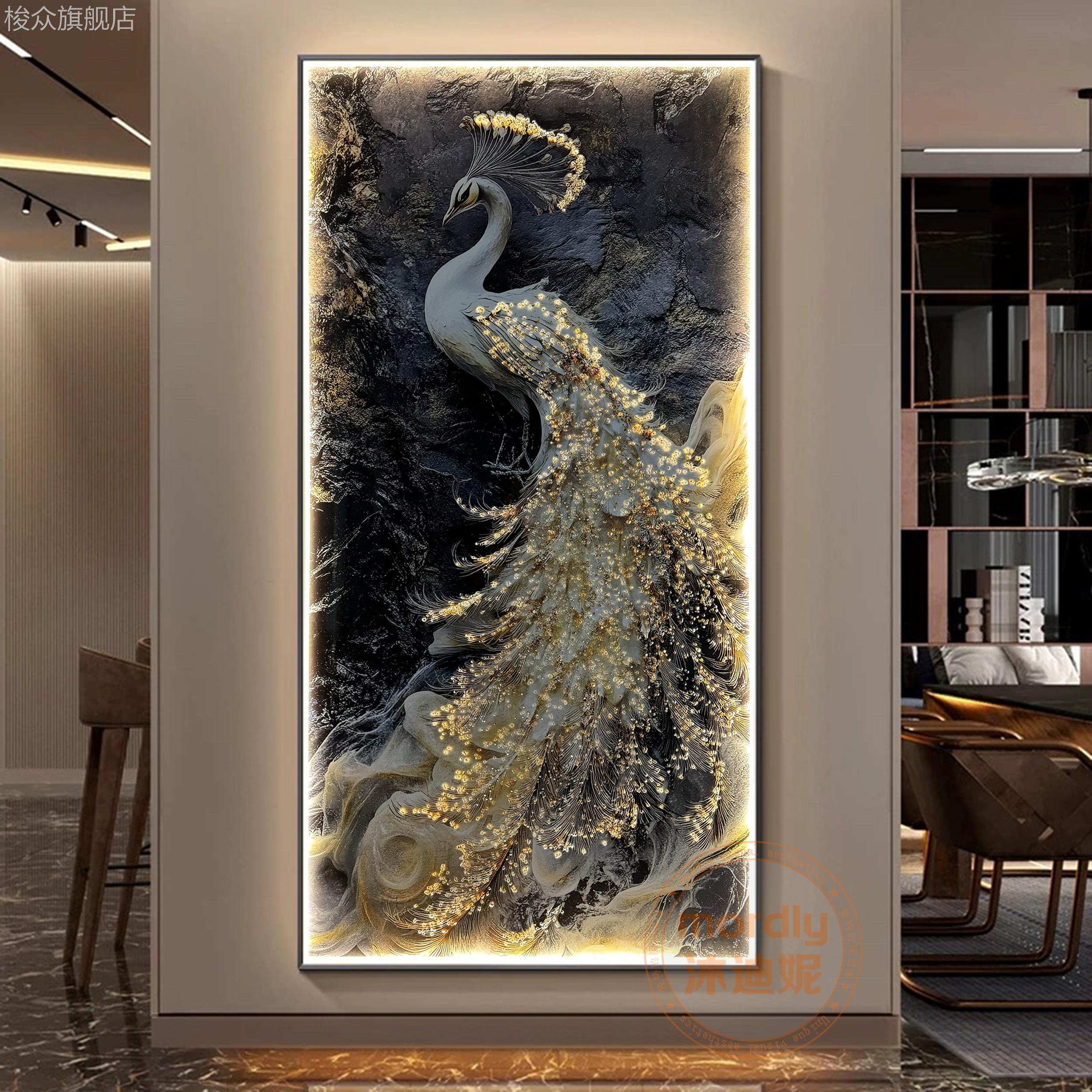 孔雀入户玄关装饰画正对门灯新款轻奢高级感挂画走廊过道壁画图片