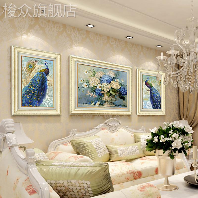 欧式沙发背景墙装饰画孔雀壁画客厅挂画三联大气餐厅油画美式风格图片