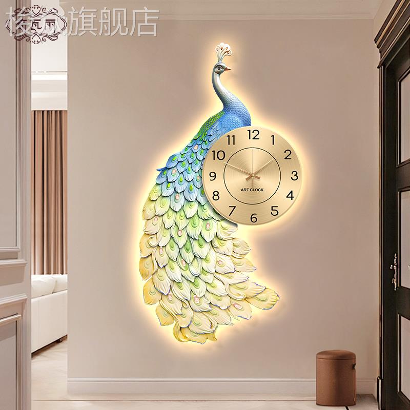 孔雀入户玄关装饰画现代轻奢高级感带钟表挂画走廊过道led灯壁画图片