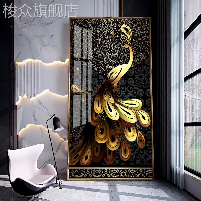 入户玄关装饰画凤凰孔雀壁画走廊竖版过道挂画现代简约客厅晶瓷画图片