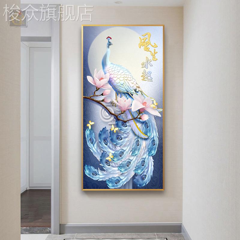 招财孔雀挂画玄关装饰画现代简约入户正对门2022新款走廊过道壁画图片
