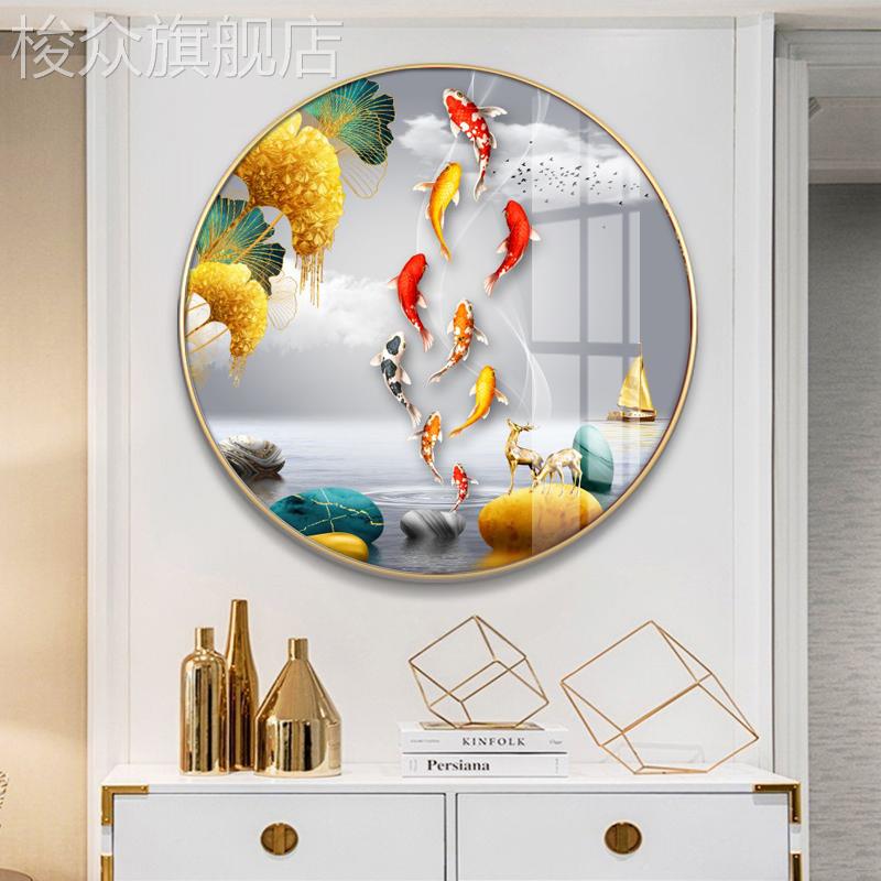 现代圆形玄关装饰画进门孔雀挂画新中式走廊尽头寓意好壁画晶瓷画图片