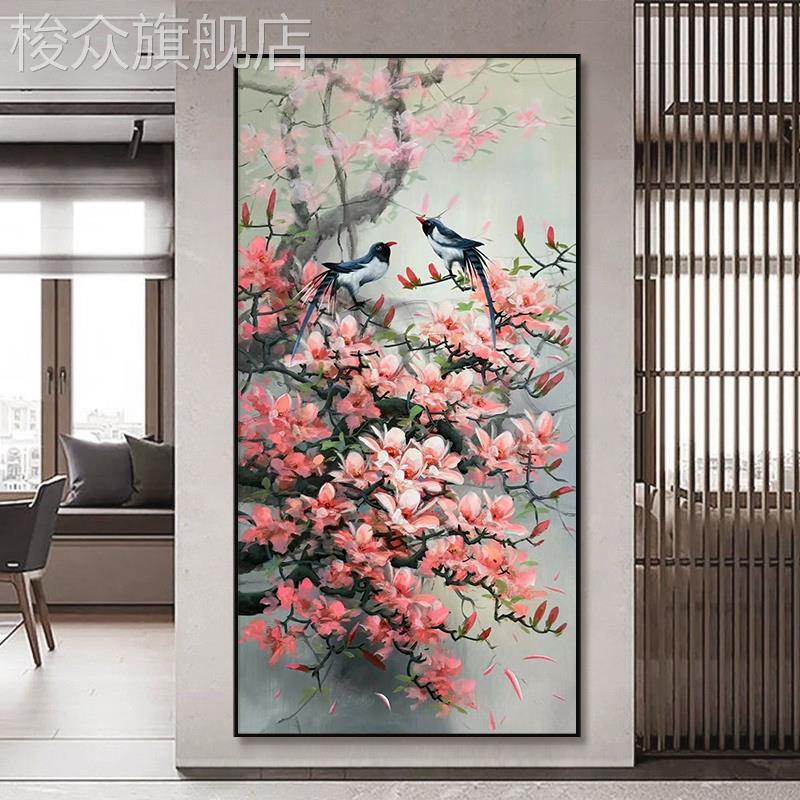 喜上眉梢装饰画新中式桃花玄关客厅植物花卉喜鹊挂画壁画图片