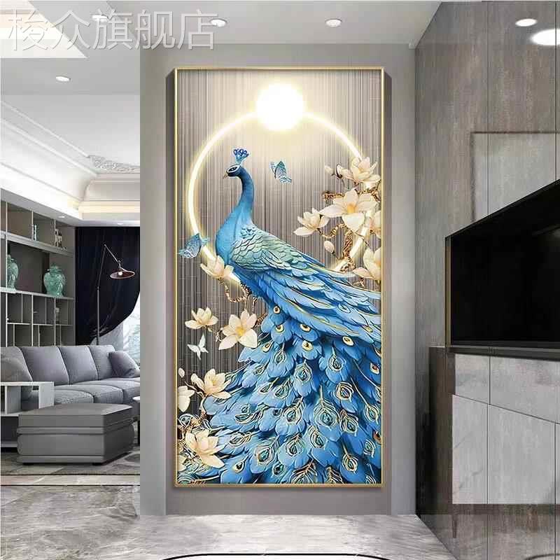孔雀轻奢玄关装饰画现代简约壁画背景墙画走廊过道挂画镶钻晶瓷画图片