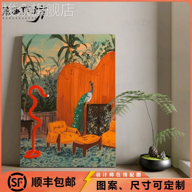 慕画【漆画】中古风孔雀装饰画客厅卧室床头挂画沙发后走廊落地画图片