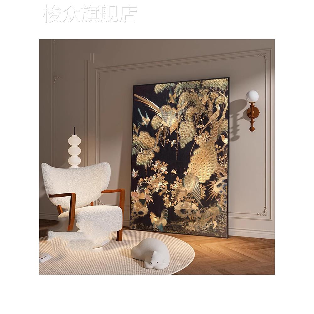 黑金孔雀中古风客厅装饰画新中式小玄关餐厅茶室壁画别墅大厅挂画图片