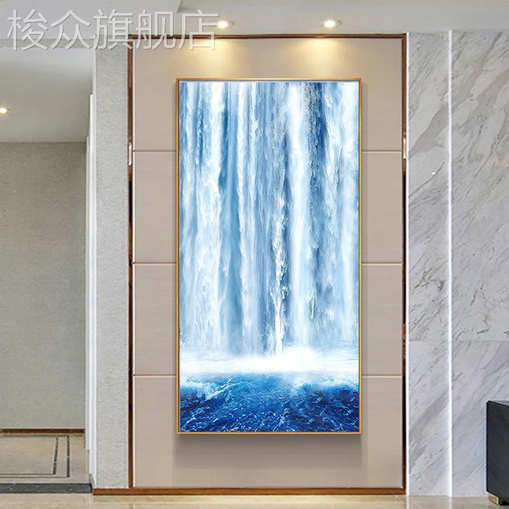 瀑布山水麋鹿九鱼装饰框画铝合金框平面晶瓷挂画轻奢玄关客厅山水图片
