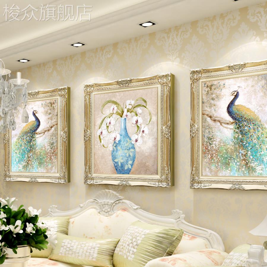 油画 画抽象动物孔雀装饰画 画欧式客厅沙发背景墙三联大气壁画图片