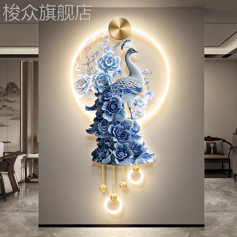 青花瓷孔雀玄关装饰画新中式花鸟走廊挂画花开富贵入户发光壁画灯图片