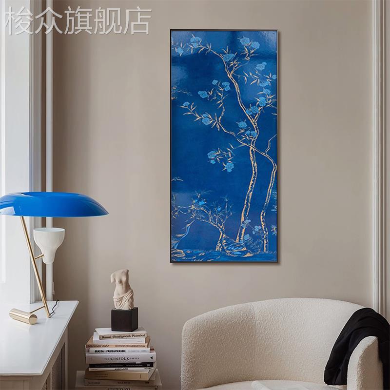 新中式“宫廷蓝雀”古典高级感孔雀装饰画高级蓝玄关中古挂画图片