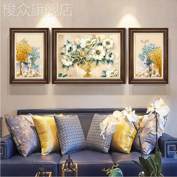 美式客厅装饰画孔雀三联画欧式沙发背景墙画餐厅壁画大气挂画图片