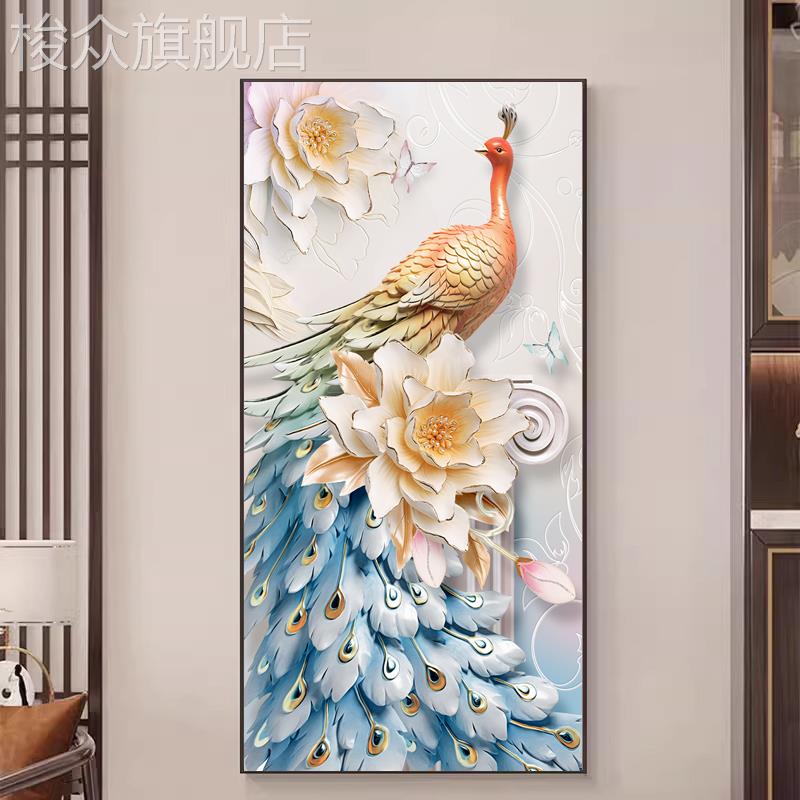 轻奢孔雀花开富贵入户铝合金玄关装饰画过道走廊尽头壁画挂画墙画图片