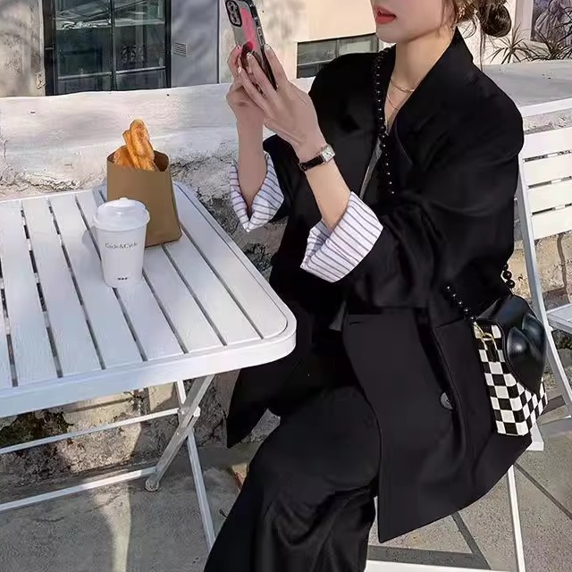 【好面料】春秋休闲西装韩版大码双排扣休闲无垫肩西服外套女气质