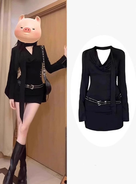 Jody约会钓系黑色长袖连衣裙女秋季新款设计感小众修身显瘦包臀短