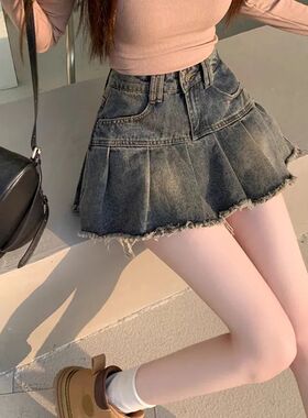 Jody辣妹复古做旧百褶牛仔半身裙女夏季高腰显瘦a字防走光包臀短