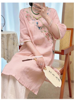 Jody改良旗袍春夏新款女中式国风复古刺绣夏季宽松气质显瘦短袖连