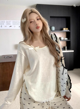 Jody韩系蝴蝶结露肩长袖t恤女春夏薄款新款防晒罩衫慵懒松弛上衣