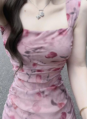 Jody夏季茶歇法式气质粉色碎花吊带连衣裙子女绝美仙女裙收腰显瘦
