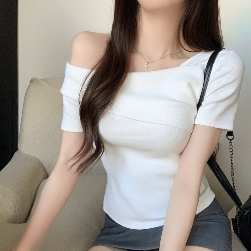 短袖t恤女夏季一字领美背纯棉体恤设计感小众上衣ins潮