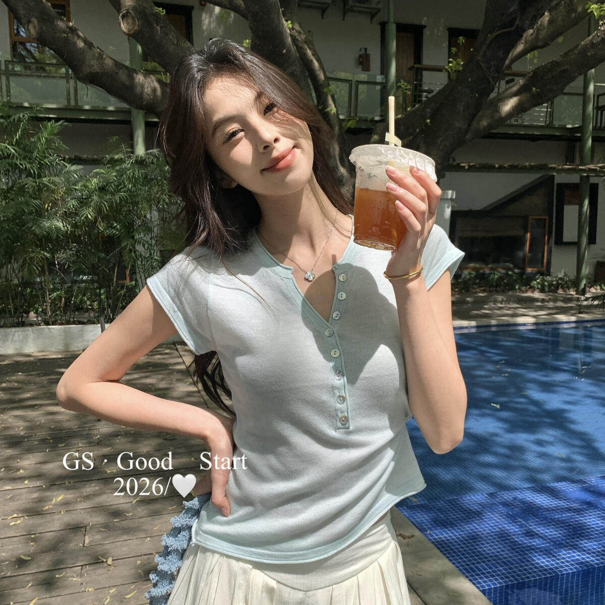 GS.GOOD STAR 夏季韩系松弛感休闲百搭显瘦V领短袖针织衫女