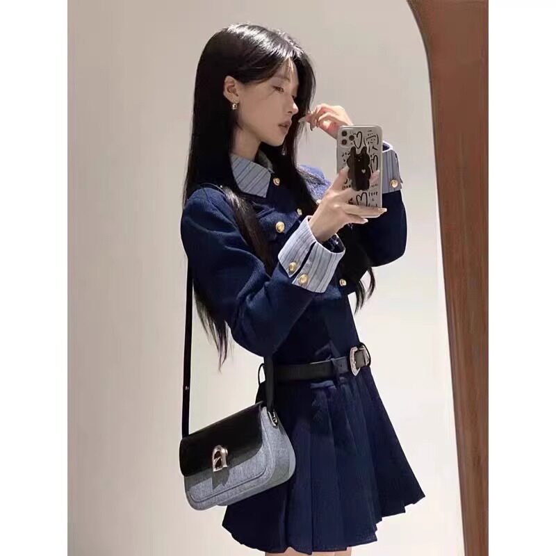 美式学院风外套连衣裙套装裙女秋冬装富家千金风韩剧两件套小香风