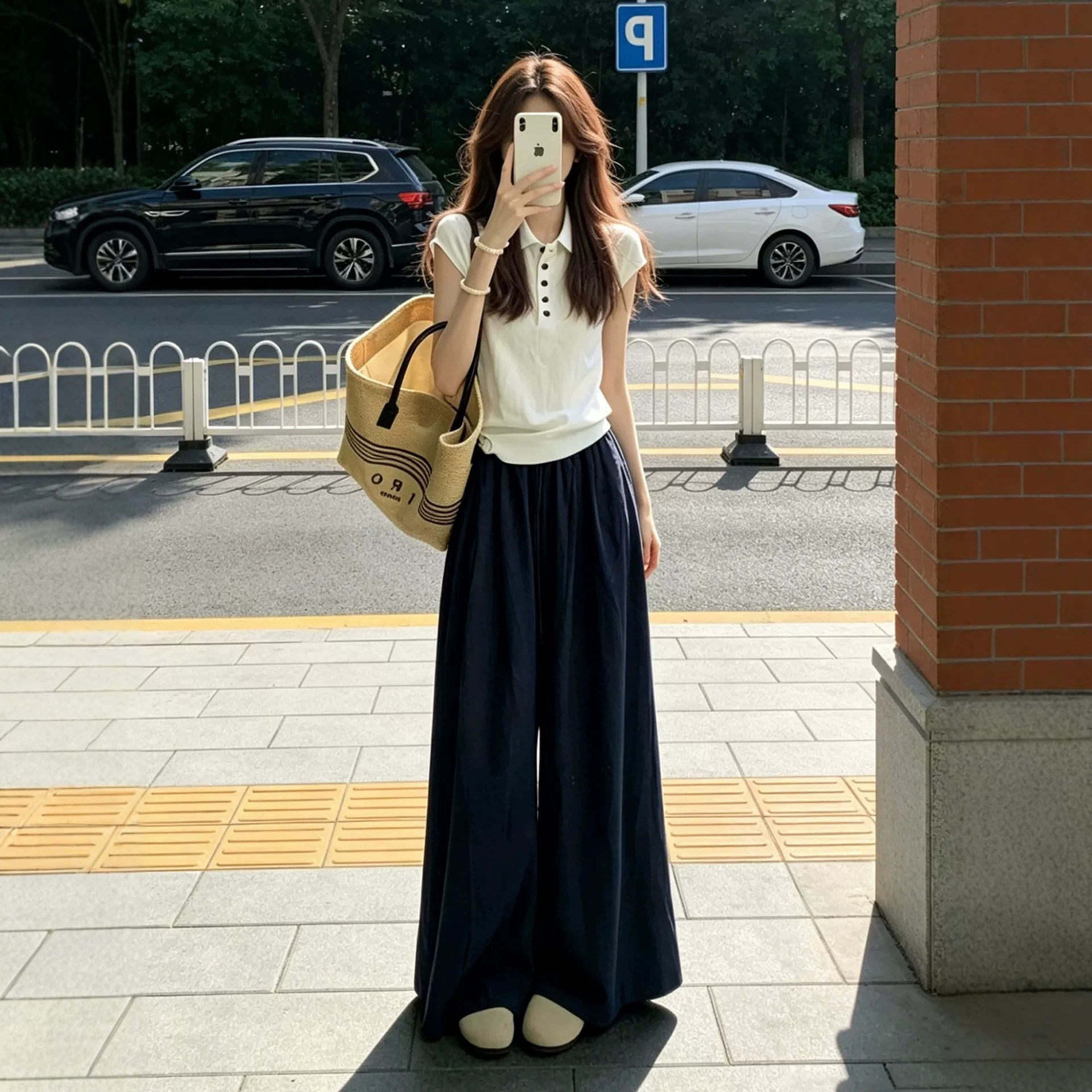韩系巨好看穿搭一整套休闲2026新款白色polo短袖女夏季阔腿裤套装