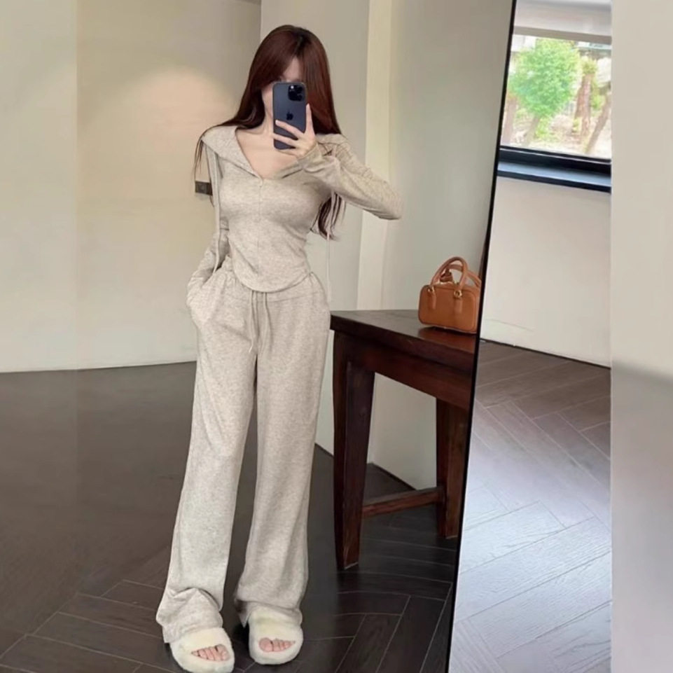阔腿裤休闲套装女春秋季卫衣连帽V领上衣开衫运动两件套时尚洋气