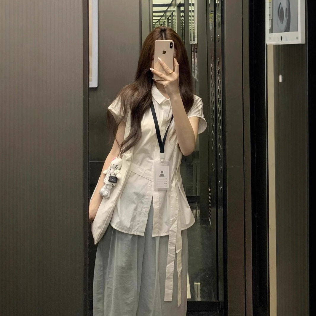 韩系气质polo领绑带白色短袖衬衫女夏季收腰显瘦设计简约百搭上衣