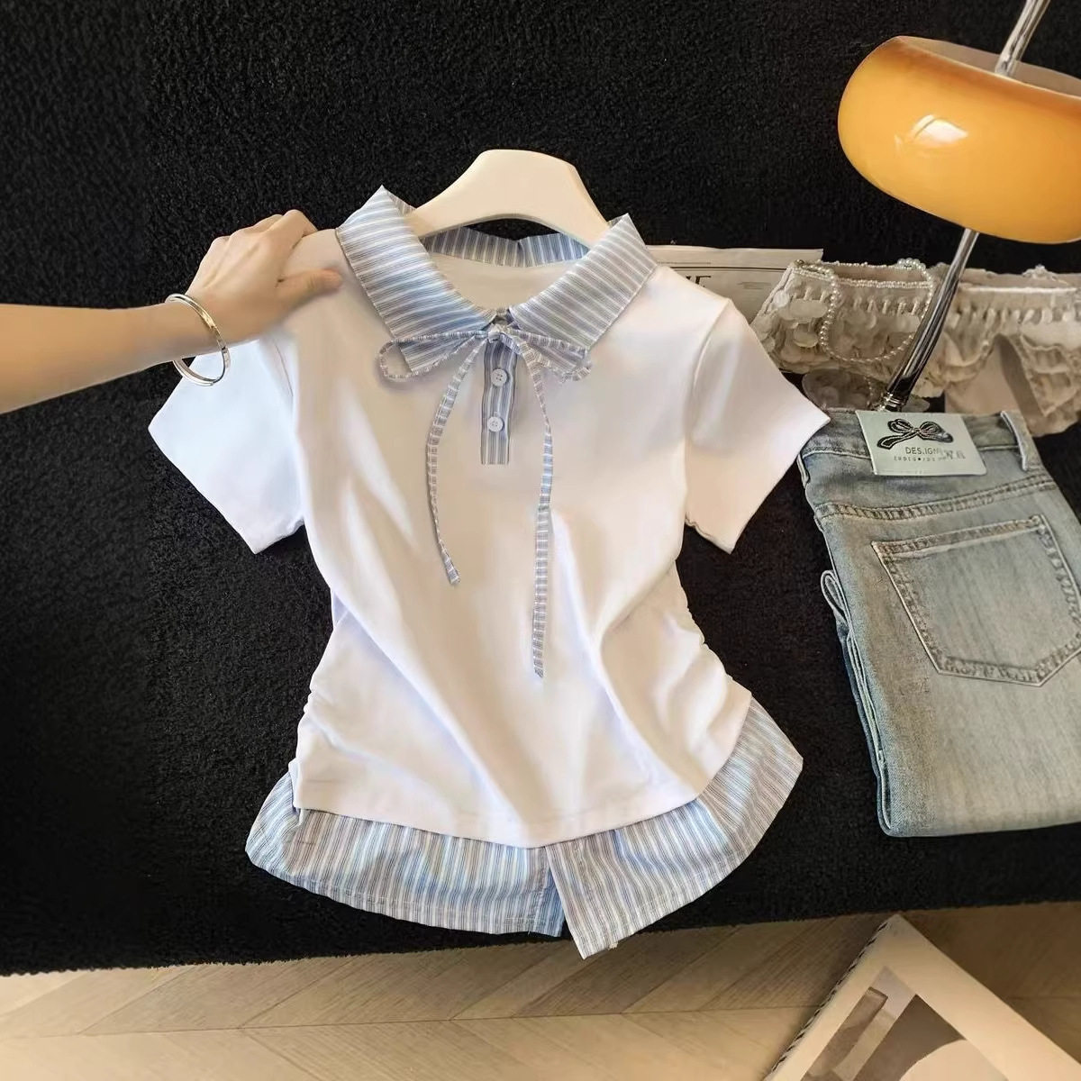 学院风格纹拼接翻领系带短袖t恤女夏季新款小个子修身显瘦上衣女