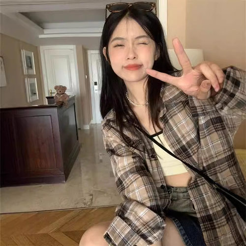 港味复古慵懒格子衬衫女