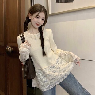 法式 女春秋新款 内搭外穿长袖 小众拼接下摆上衣 甜美少女蕾丝打底衫