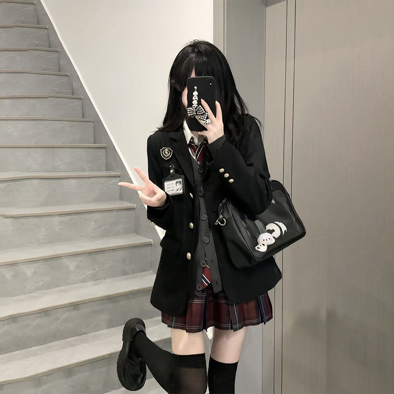 原创jk制服套装女秋冬款正版学院风校供格裙子针织开衫叠穿一整套