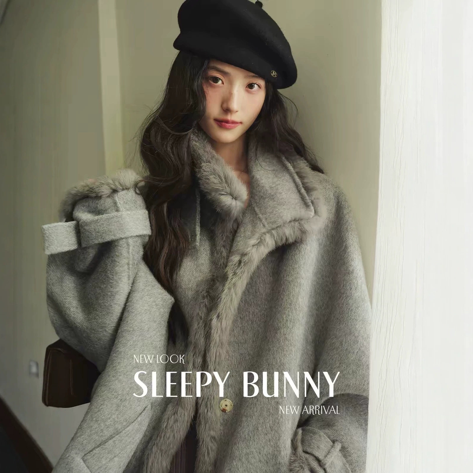 SLEEPYBUNNY 桑蚕丝羊毛双面呢斗篷大衣女冬立领短款灰色毛呢外套