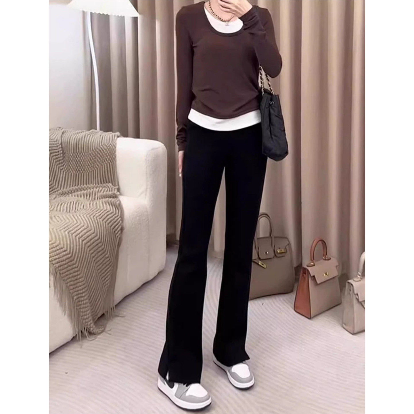 黑色高腰微喇运动裤女2026新款小个子胖mm大码显瘦休闲直筒喇叭裤