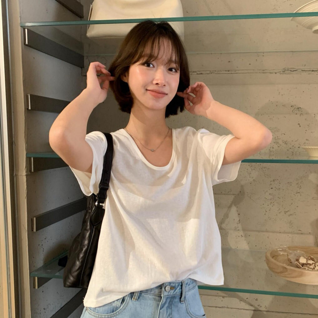 IMISS 2026早春韩系极简风基础款松弛百搭显瘦U领短袖T恤女