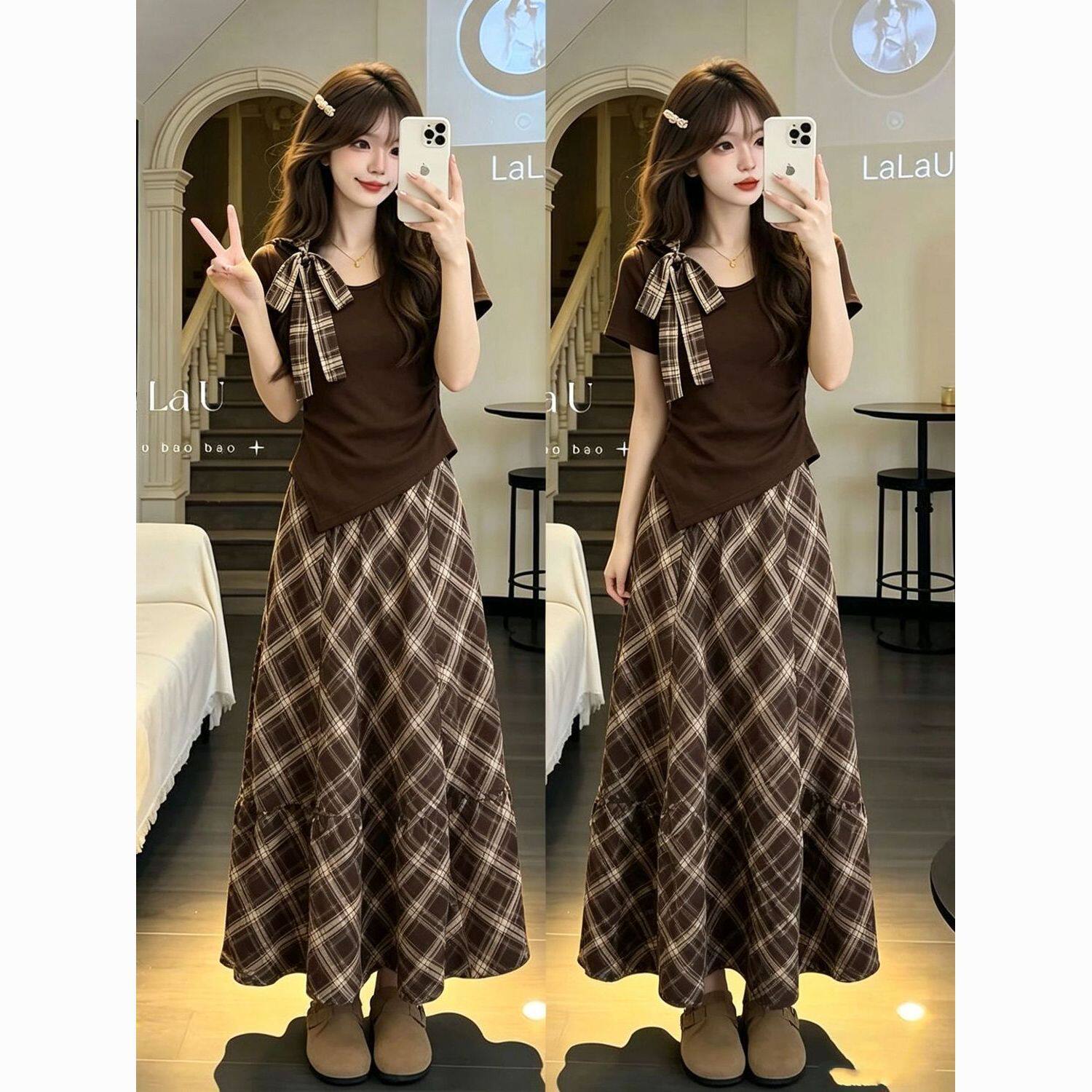 不规则斜肩短袖上衣格纹半身裙女夏套装薄款小个子时尚大码两件套