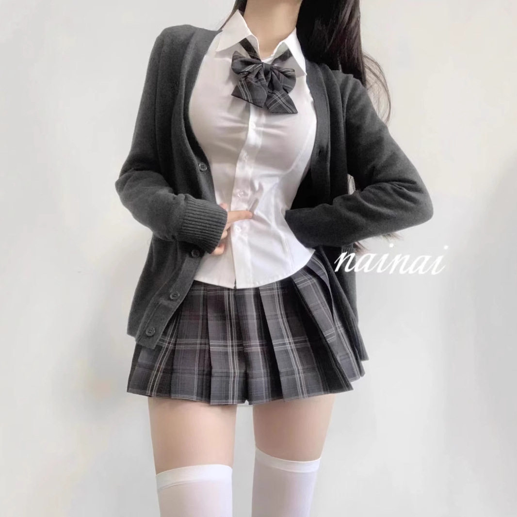 jk甜美修身显瘦套装JK长袖收腰白色衬衫制服辣妹学院衬衣系带上衣